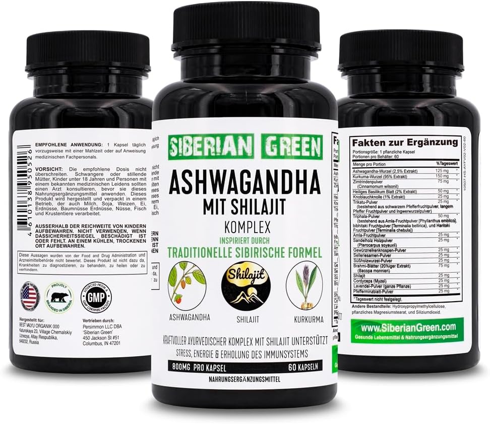 60 Capsules Siberian Green Ashwagandha, Altai Shilajit, and Turmeric Complex for Stress Relief, Energy, and Immune Support