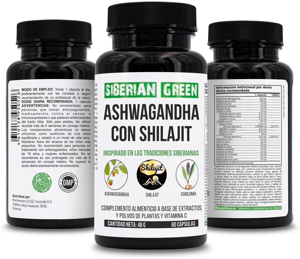60 Capsules Siberian Green Ashwagandha, Altai Shilajit, and Turmeric Complex for Stress Relief, Energy, and Immune Support