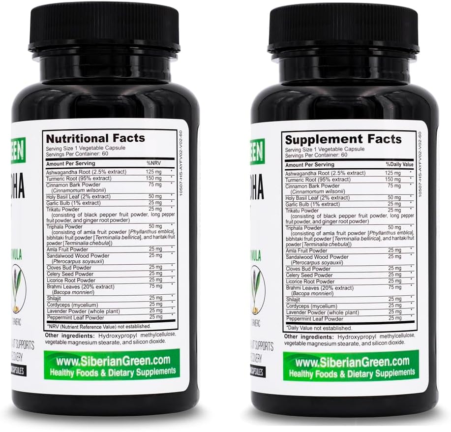 60 Capsules Siberian Green Ashwagandha, Altai Shilajit, and Turmeric Complex for Stress Relief, Energy, and Immune Support