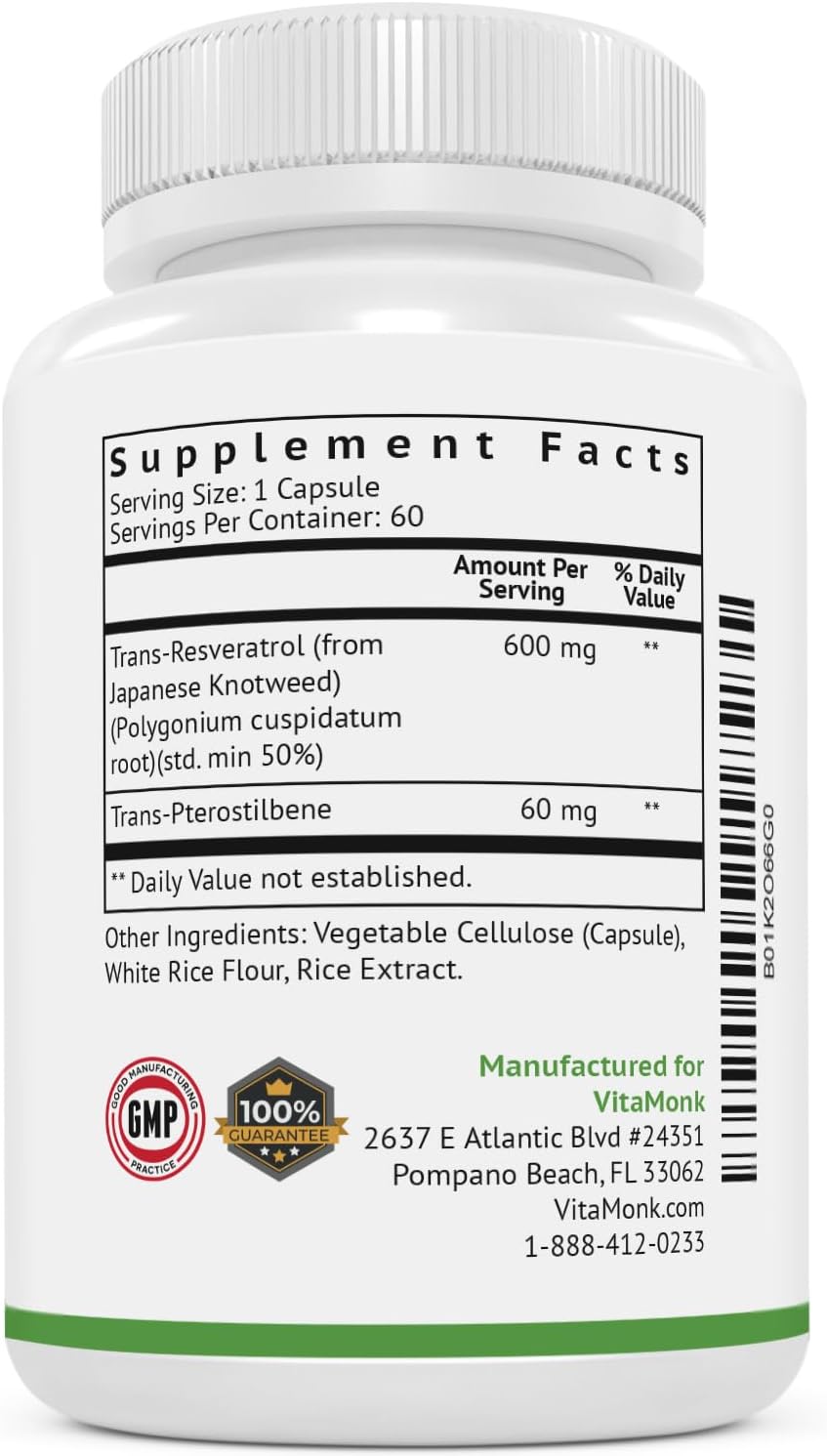 60 Capsules VitaMonk Resveratrol and Pterostilbene Supplement - 600mg/60mg Formula for Healthy Aging and Longevity - No Fillers - Trans Pterostilbene Resveratrol Support