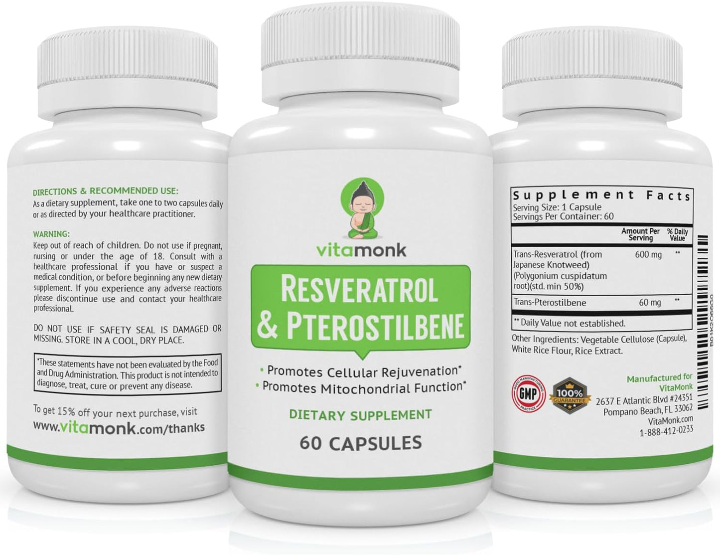 60 Capsules VitaMonk Resveratrol and Pterostilbene Supplement - 600mg/60mg Formula for Healthy Aging and Longevity - No Fillers - Trans Pterostilbene Resveratrol Support