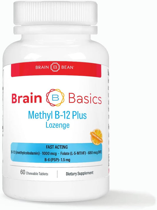 60 Chewable Tablets of Brain Bean Extra Strength Methyl B-12 & Methyl Folate - Orange Citrus Flavor - Bioactive Vitamin B12 & B9 for Brain, Cardiovascular, and Focus Support