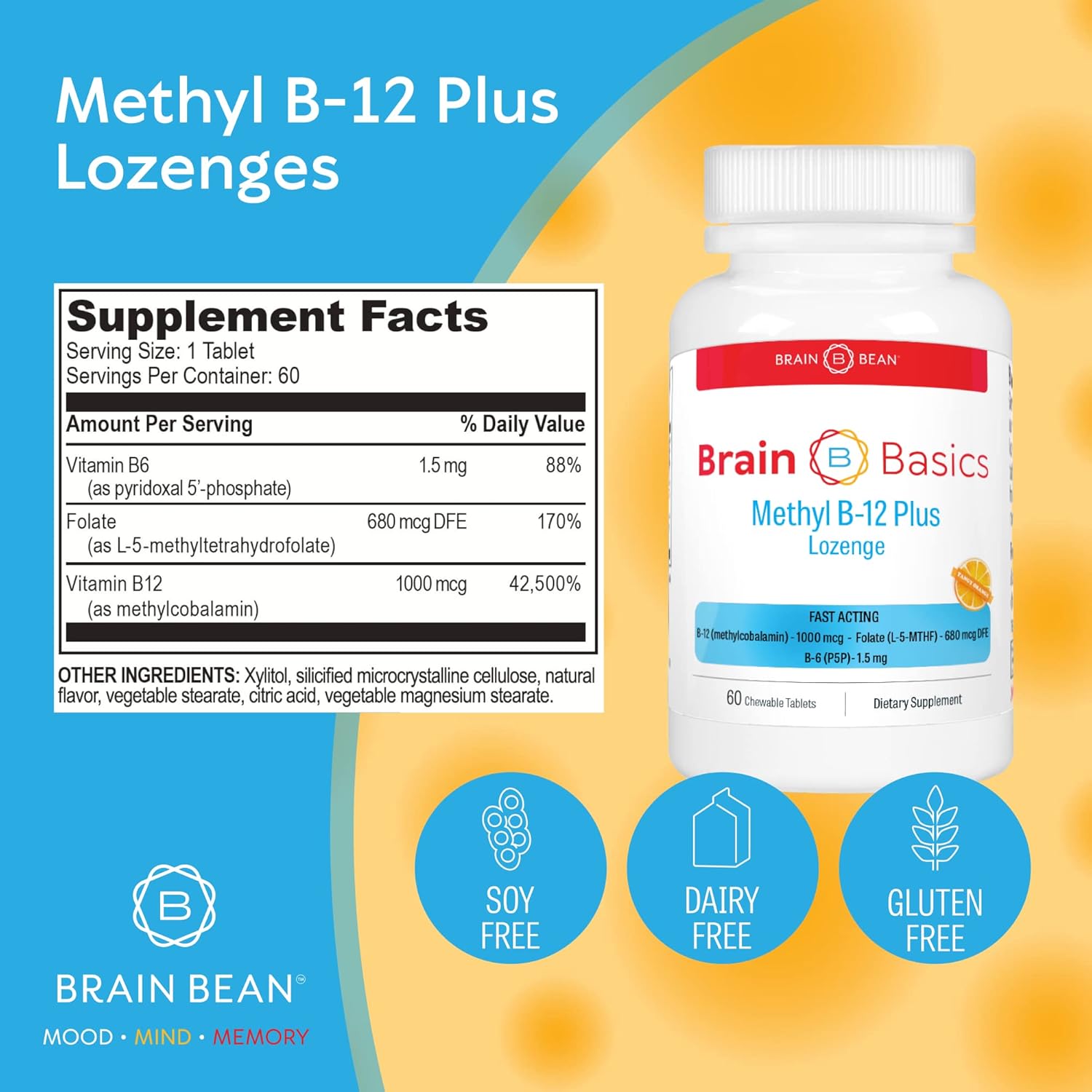 60 Chewable Tablets of Brain Bean Extra Strength Methyl B-12 & Methyl Folate - Orange Citrus Flavor - Bioactive Vitamin B12 & B9 for Brain, Cardiovascular, and Focus Support