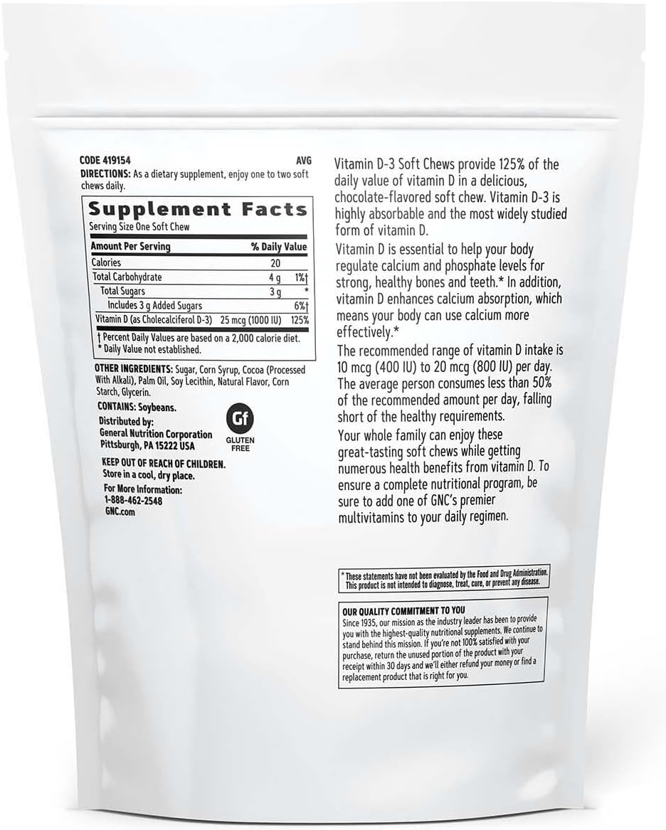 60 Chocolate Flavored GNC Vitamin D-3 Soft Chews - 1000IU (60 Servings) - BoostGo Australia