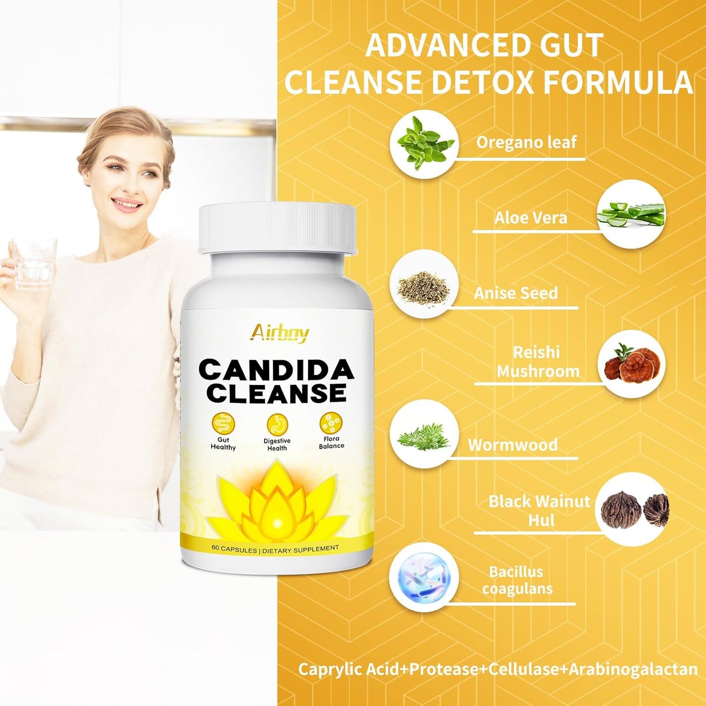 60 Count Airboy Candi Cleanse for Women & Men - Gut Colon Cleanse Detox with Oregano Leaf, Caprylic Acid, Wormwood, Black Walnut Support