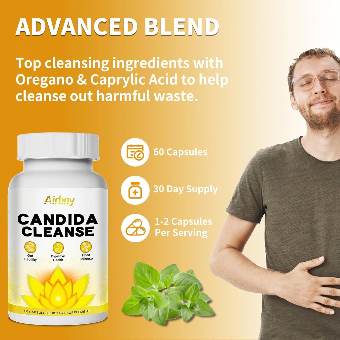 60 Count Airboy Candi Cleanse for Women & Men - Gut Colon Cleanse Detox with Oregano Leaf, Caprylic Acid, Wormwood, Black Walnut Support