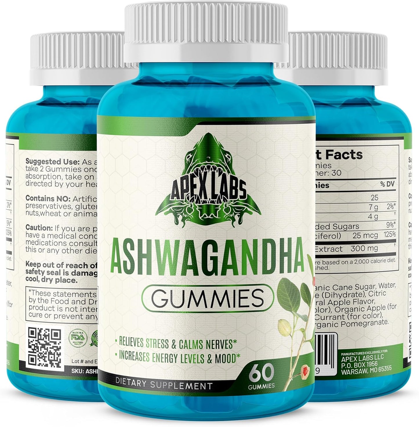60-Count Apex Labs Ashwagandha Gummies: Mixed Berry Flavor with KSM-66, Vegan, Plant-Based, Non-GMO, Gluten-Free, and Gelatin-Free for Relaxation