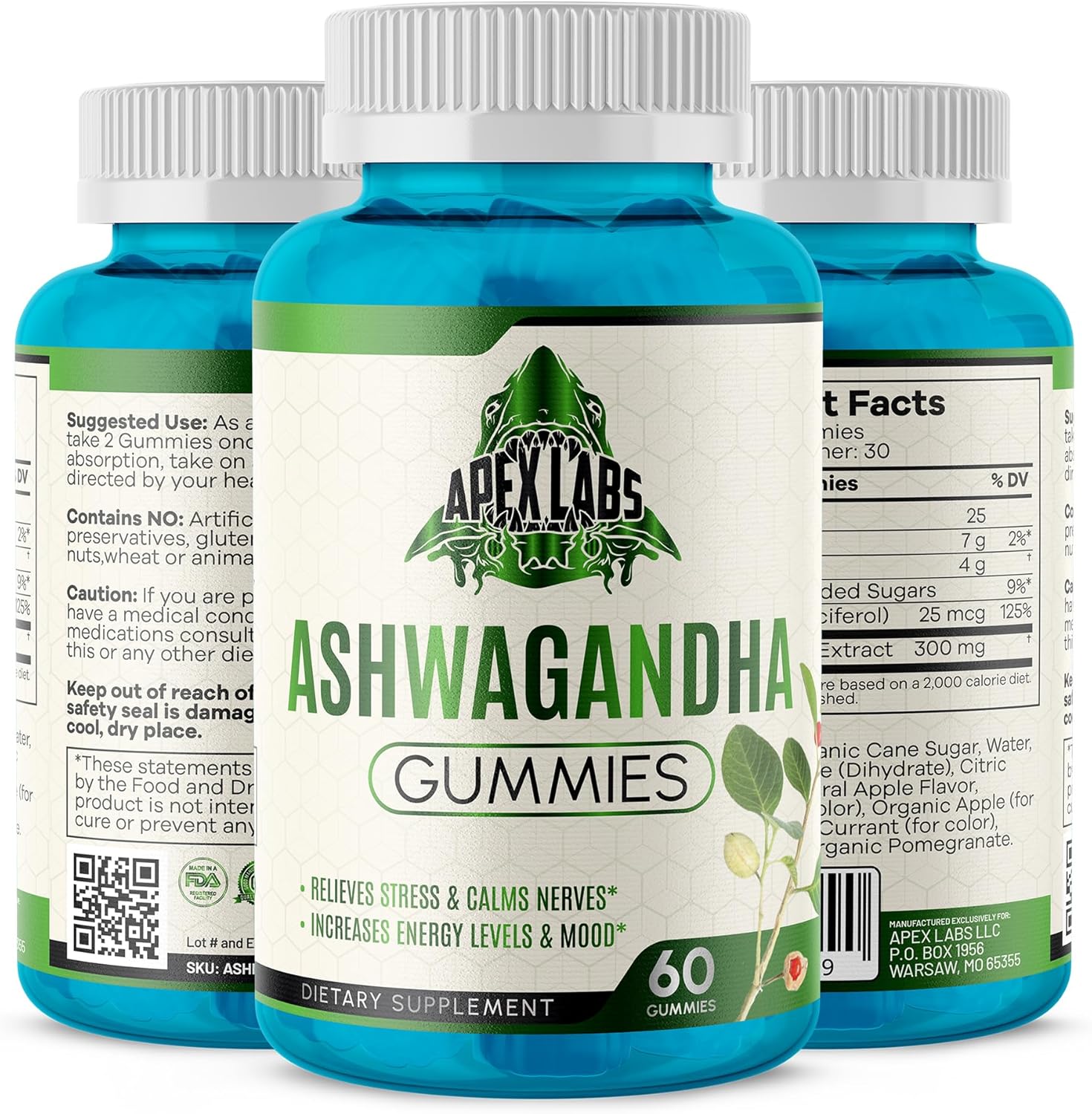 60-Count Apex Labs Ashwagandha Gummies: Mixed Berry Flavor with KSM-66, Vegan, Plant-Based, Non-GMO, Gluten-Free, and Gelatin-Free for Relaxation