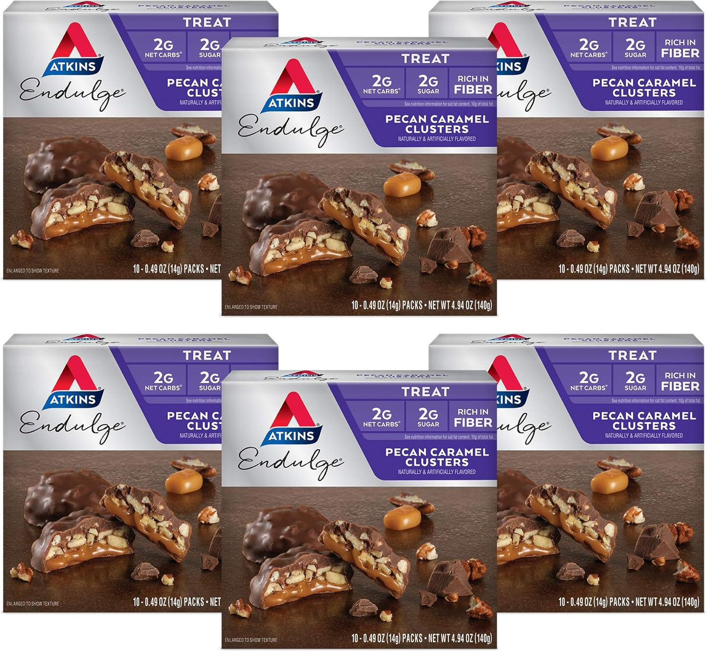 60 Count Atkins Pecan Caramel Clusters with 16 Count Caramel Chocolate Nut Roll Snack Bar