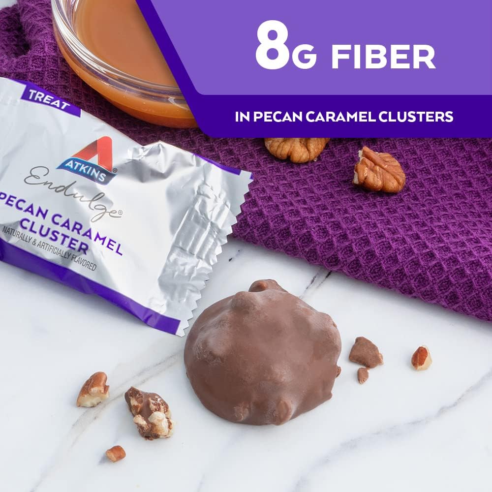 60 Count Atkins Pecan Caramel Clusters with 16 Count Caramel Chocolate Nut Roll Snack Bar