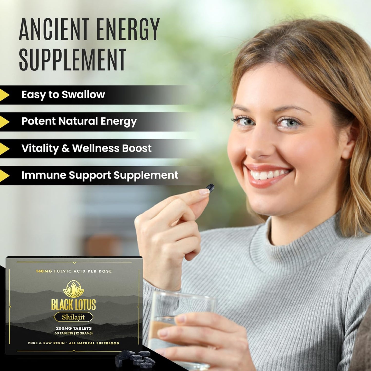 60 Count Black Lotus Shilajit Resin Tablets - 200mg Pure Natural Shilajit for Men & Women - Amino Acids, Fulvic Acid, Trace Minerals - Immune Support, Focus, Energy