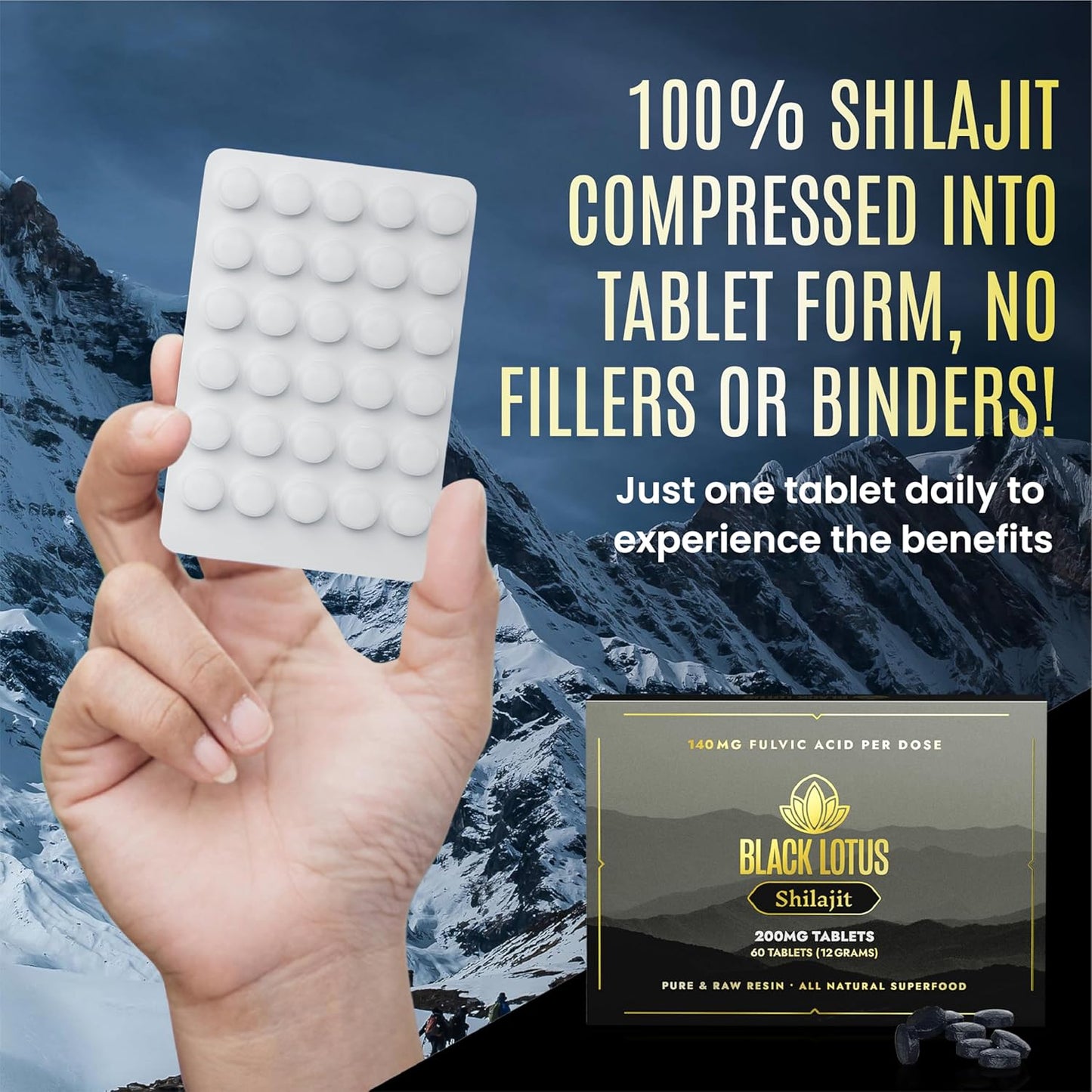 60 Count Black Lotus Shilajit Resin Tablets - 200mg Pure Natural Shilajit for Men & Women - Amino Acids, Fulvic Acid, Trace Minerals - Immune Support, Focus, Energy