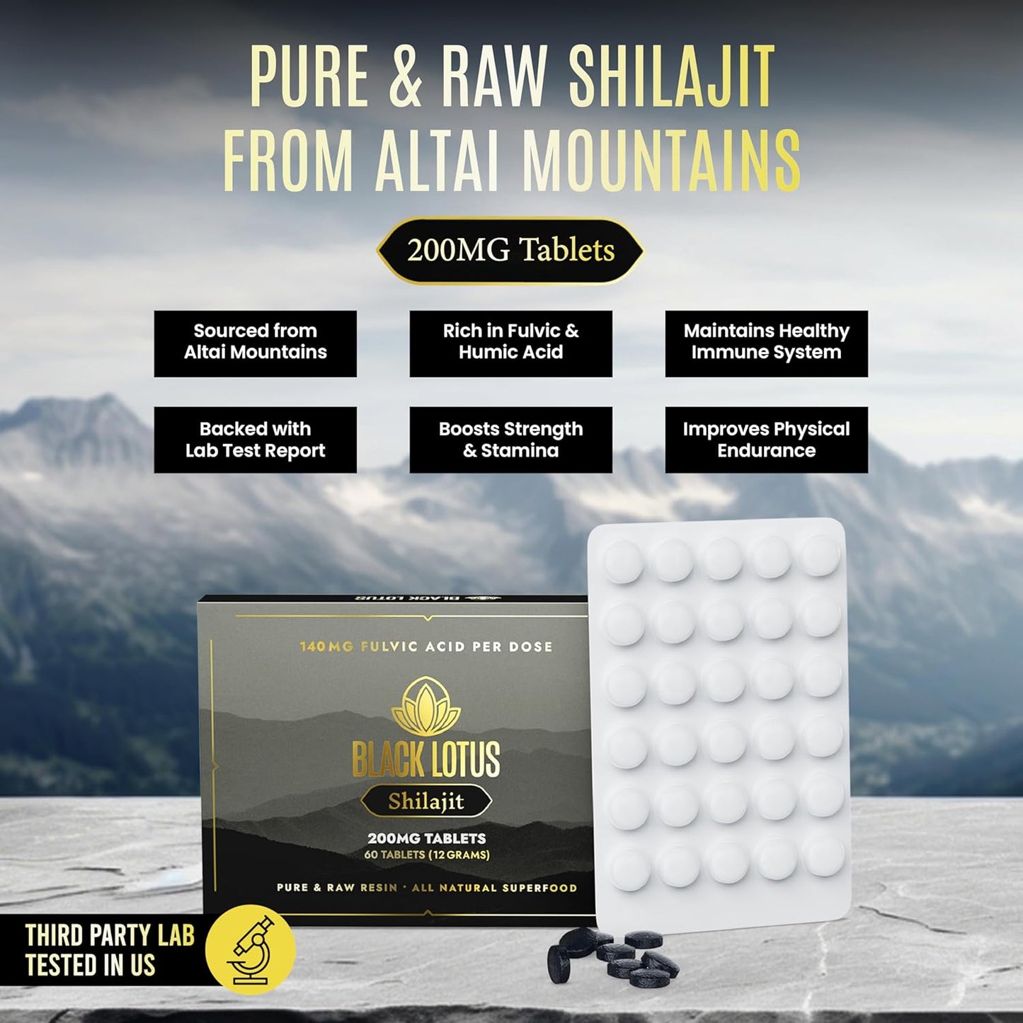 60 Count Black Lotus Shilajit Resin Tablets - 200mg Pure Natural Shilajit for Men & Women - Amino Acids, Fulvic Acid, Trace Minerals - Immune Support, Focus, Energy