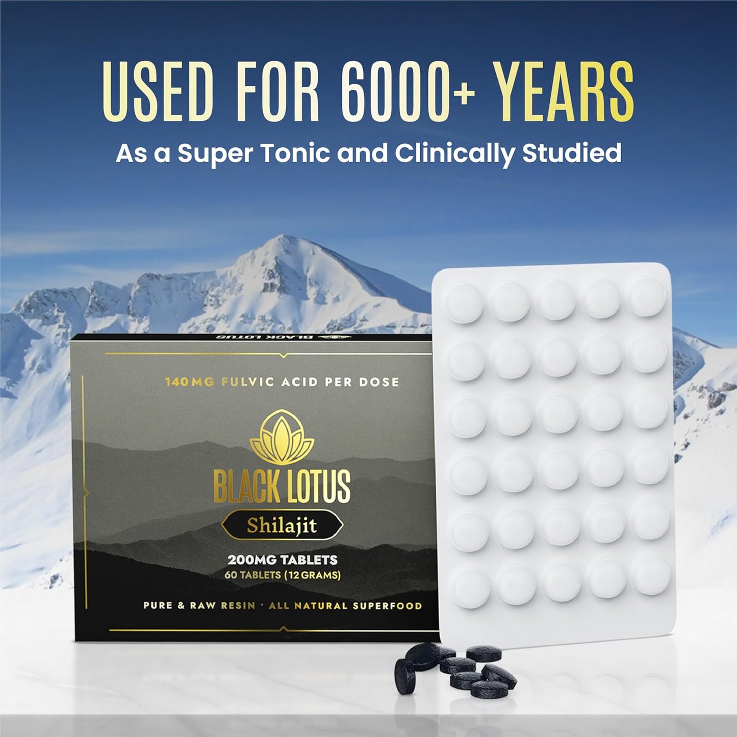 60 Count Black Lotus Shilajit Resin Tablets - 200mg Pure Natural Shilajit for Men & Women - Amino Acids, Fulvic Acid, Trace Minerals - Immune Support, Focus, Energy