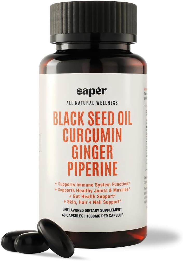 60-Count Black Seed Oil Capsules with Curcumin, Ginger, and Piperine for Immune Support and Joint Health