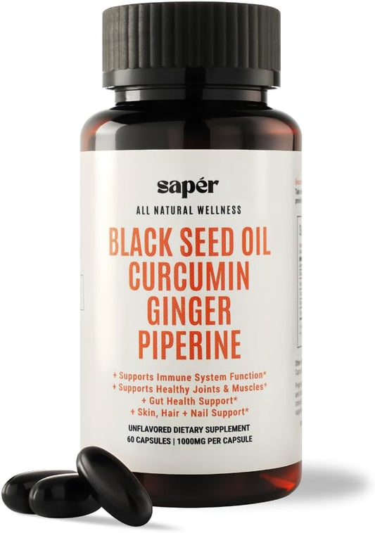 60-Count Black Seed Oil Capsules with Curcumin, Ginger, and Piperine for Immune Support and Joint Health