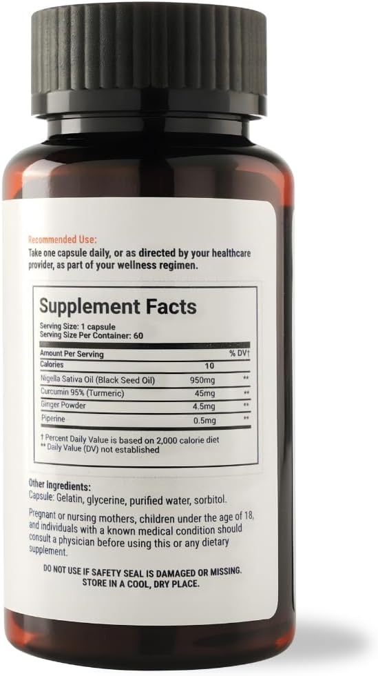 60-Count Black Seed Oil Capsules with Curcumin, Ginger, and Piperine for Immune Support and Joint Health