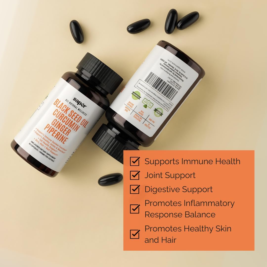 60-Count Black Seed Oil Capsules with Curcumin, Ginger, and Piperine for Immune Support and Joint Health