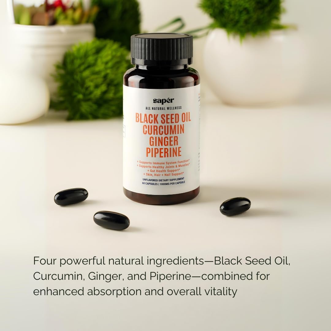 60-Count Black Seed Oil Capsules with Curcumin, Ginger, and Piperine for Immune Support and Joint Health