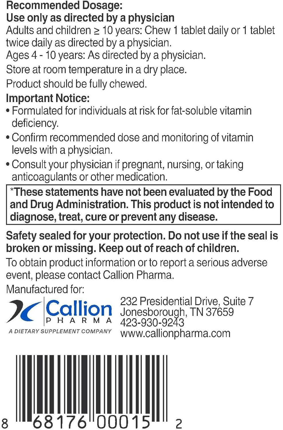 60 Count Callion Pharma DEKAs Plus Chewable Tablets for Immune Support and Overall Wellness