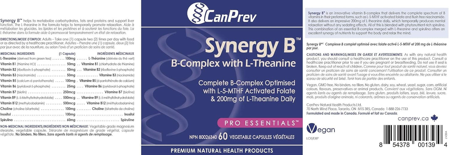 60 Count CanPrev Synergy B-Complex with L-Theanine Vegetarian Capsules for Energy and Focus