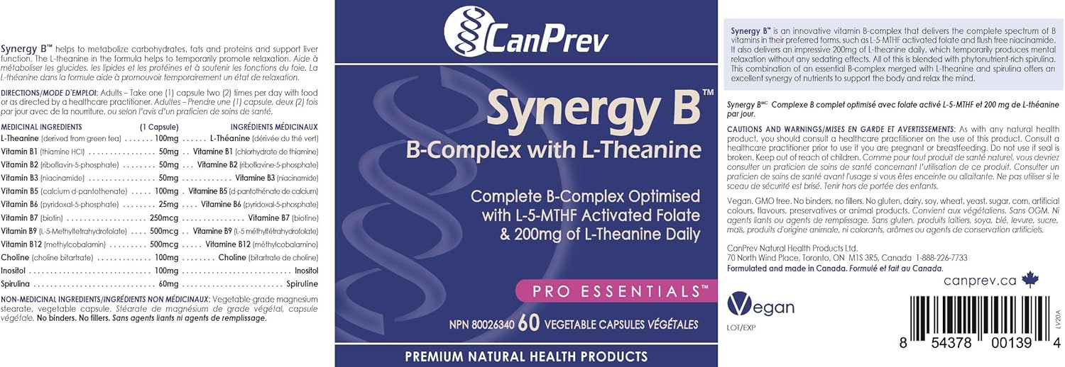60 Count CanPrev Synergy B-Complex with L-Theanine Vegetarian Capsules for Energy and Focus