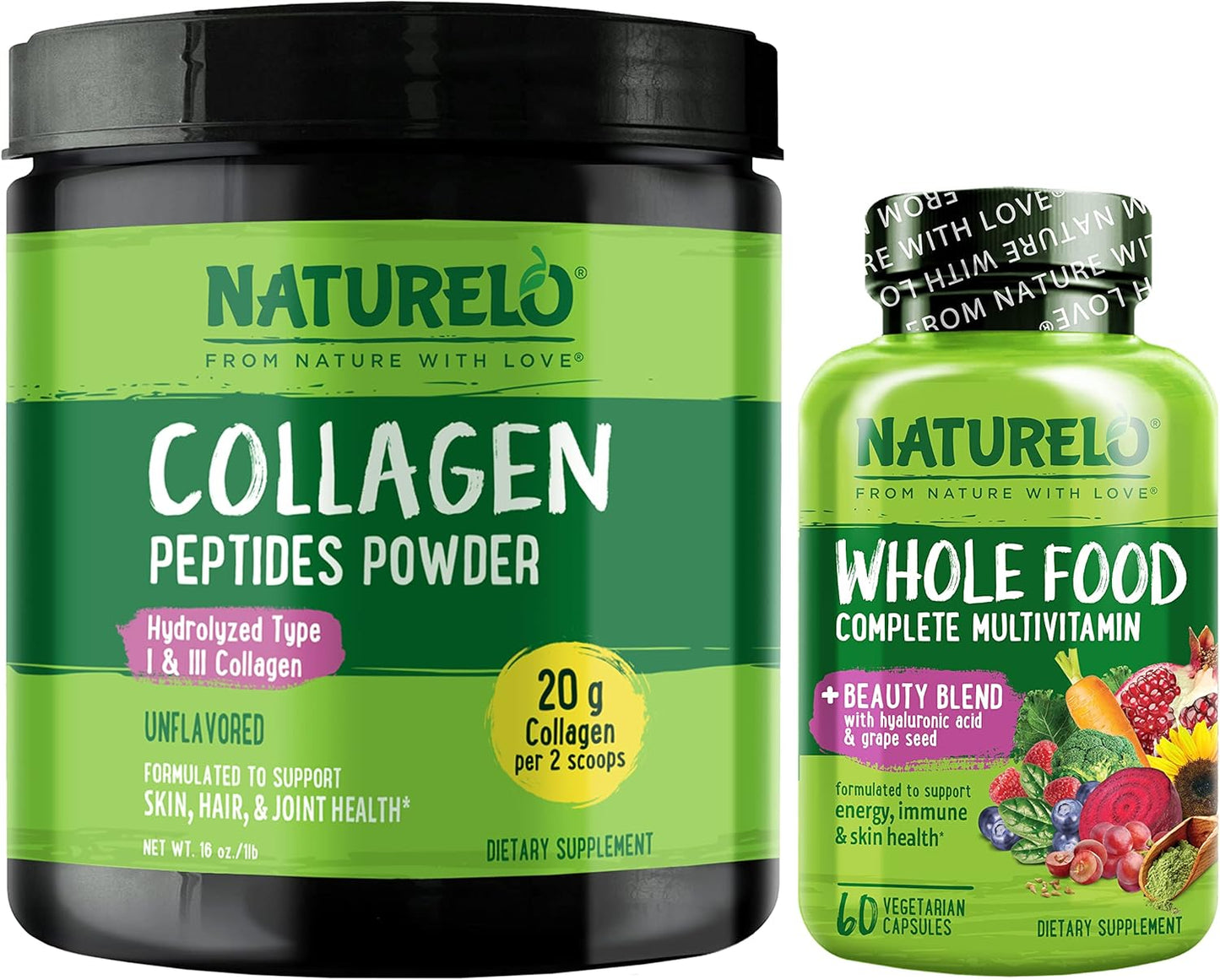 60 Count Collagen Peptide Powder with Whole Food Beauty Multivitamin - 45 Servings