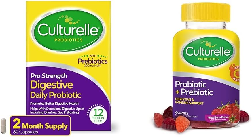 60 Count Culturelle Pro Strength Daily Probiotic Capsules + 52 Count Berry Flavor Gummies for Women & Men