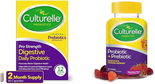 60 Count Culturelle Pro Strength Daily Probiotic Capsules + 52 Count Berry Flavor Gummies for Women & Men