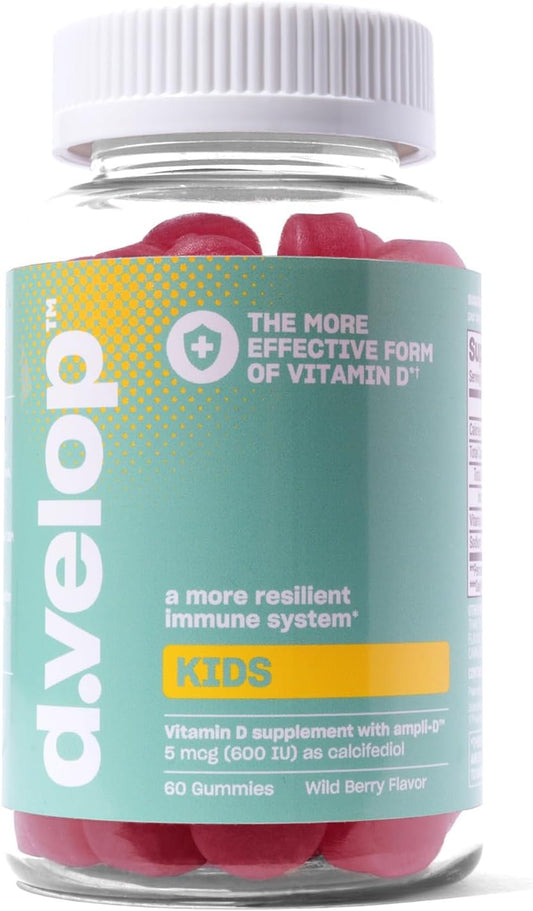 60 Count d.velop Vitamin D Kids Gummies with 600 IU for Immune Support - Fast & Effective, No Artificial Flavors - Dairy-Free Wild Berry Flavor - Ages 4+