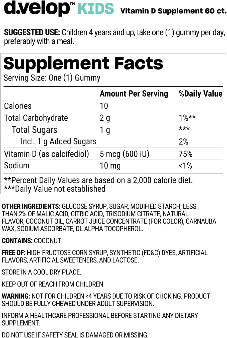 60 Count d.velop Vitamin D Kids Gummies with 600 IU for Immune Support - Fast & Effective, No Artificial Flavors - Dairy-Free Wild Berry Flavor - Ages 4+
