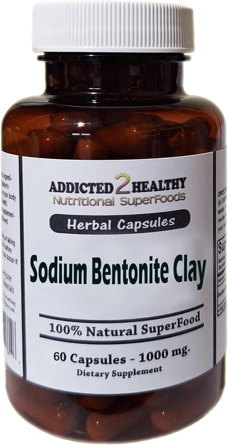 60 Count Food Grade Sodium Bentonite Clay Powder Capsules (1000 mg) for Health by Addicted 2 Healthy
