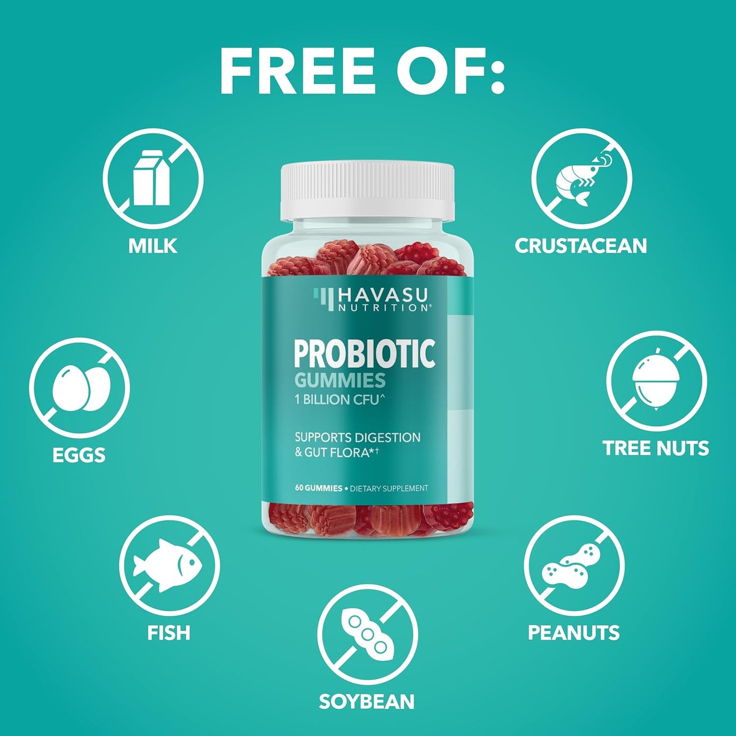 60-Count Havasu Nutrition Probiotic Gummies with 1 Billion CFU Bacillus Coagulans - Gut Health and Digestive Support - Mixed Berry Flavor - Non-GMO, Gluten-Free, Vegetarian - 2 Month Supply