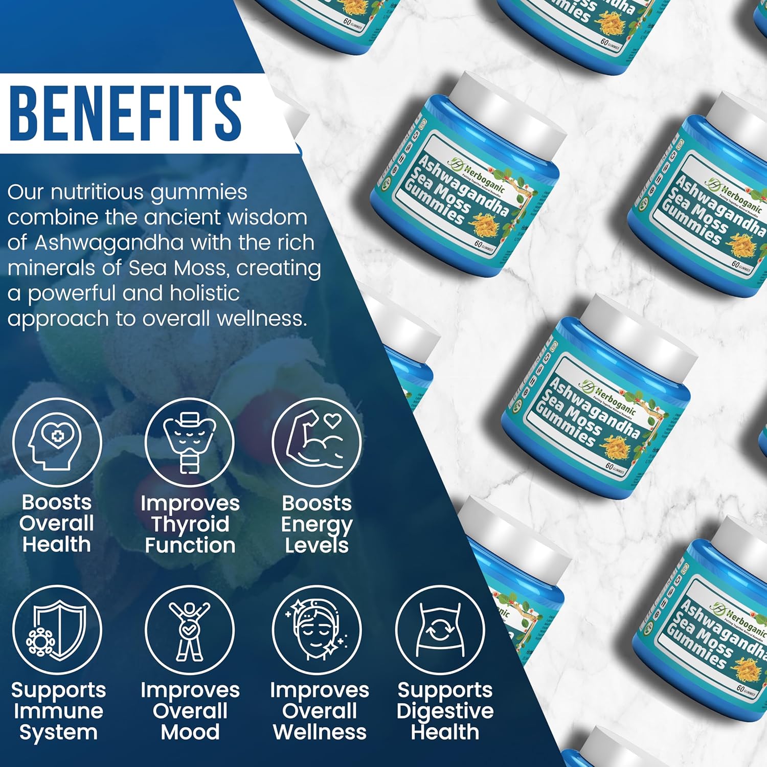 60 Count HERBOGANIC Ashwagandha Sea Moss Gummies for Natural Wellness