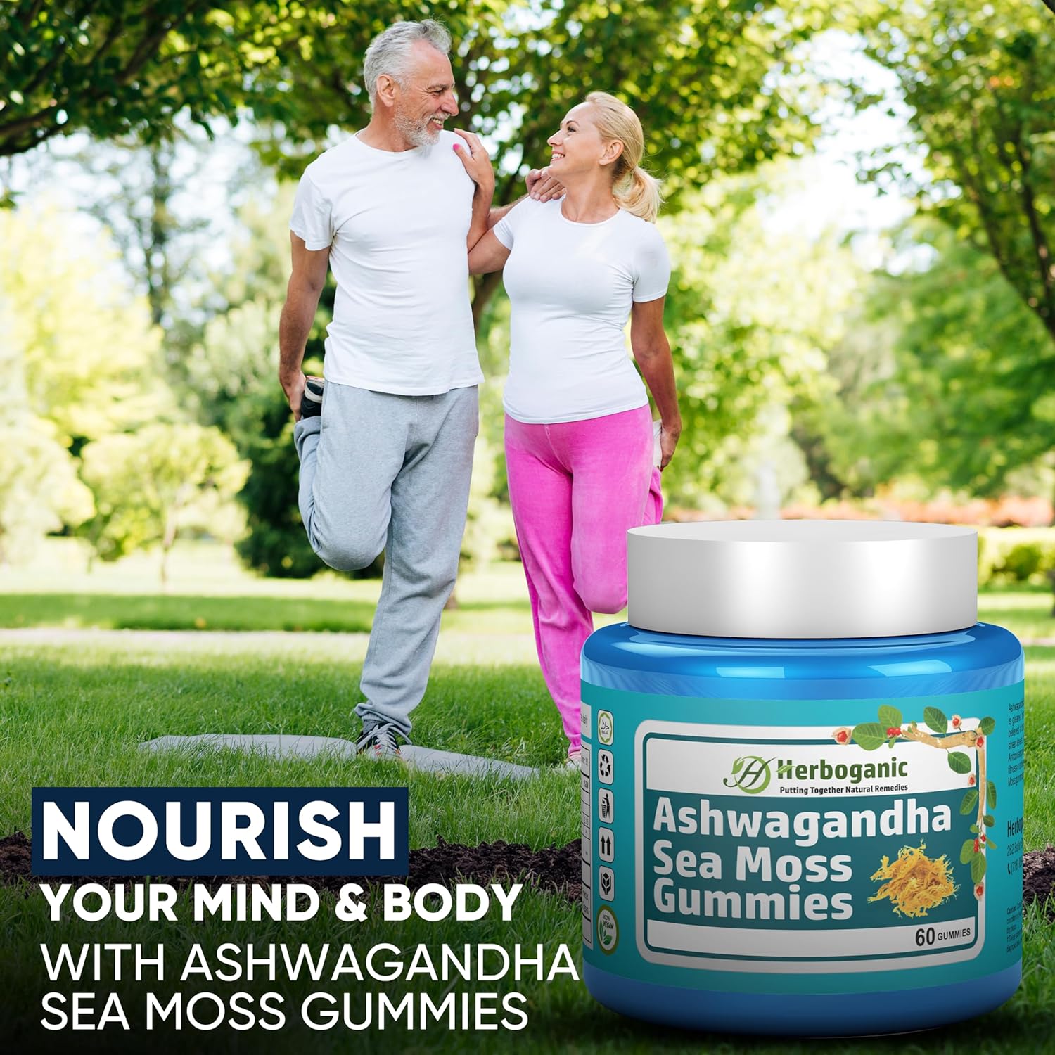 60 Count HERBOGANIC Ashwagandha Sea Moss Gummies for Natural Wellness