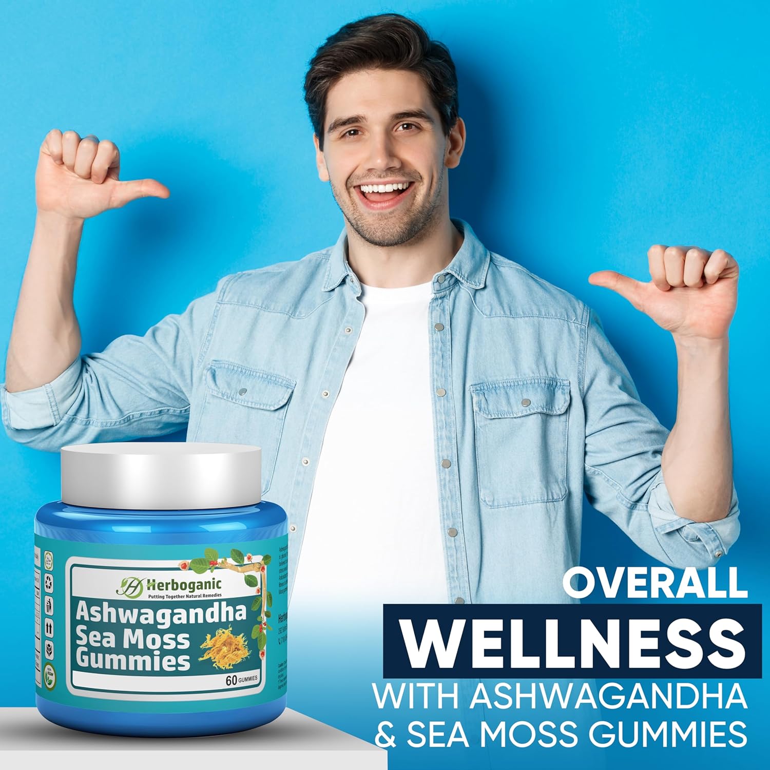 60 Count HERBOGANIC Ashwagandha Sea Moss Gummies for Natural Wellness