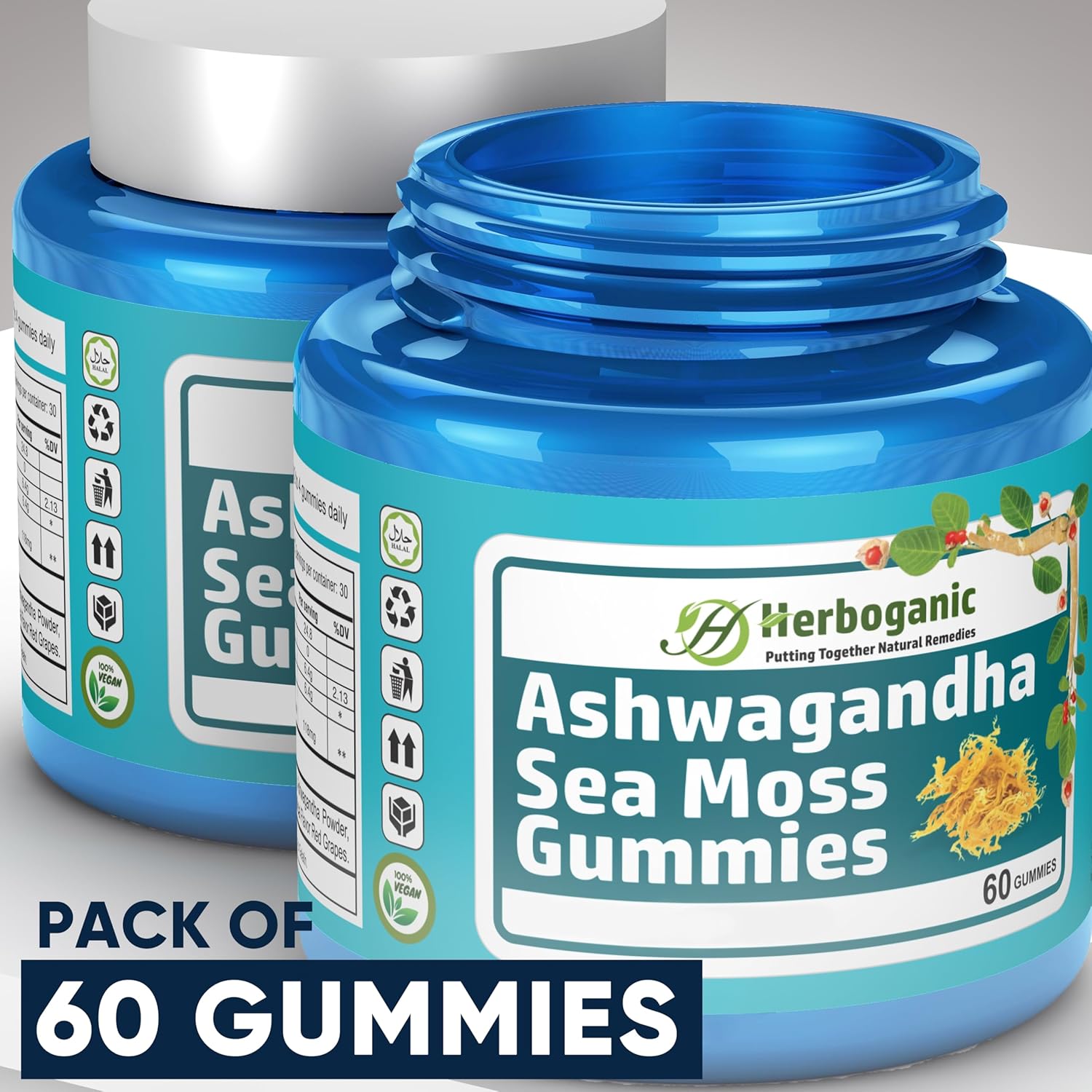 60 Count HERBOGANIC Ashwagandha Sea Moss Gummies for Natural Wellness