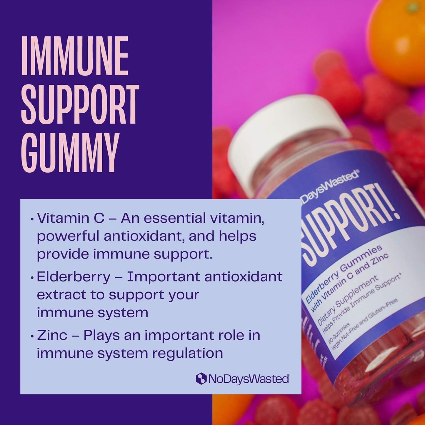 60 Count Immune Support Gummies with Elderberry, Vitamin C, and Zinc - Vegan and Gluten Free Herbal Supplement for Strong Immune System