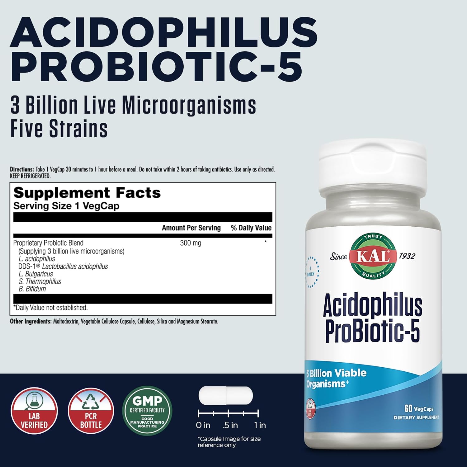 60 Count KAL Acidophilus Probiotic-5 Capsules with 3 Billion Live Cultures