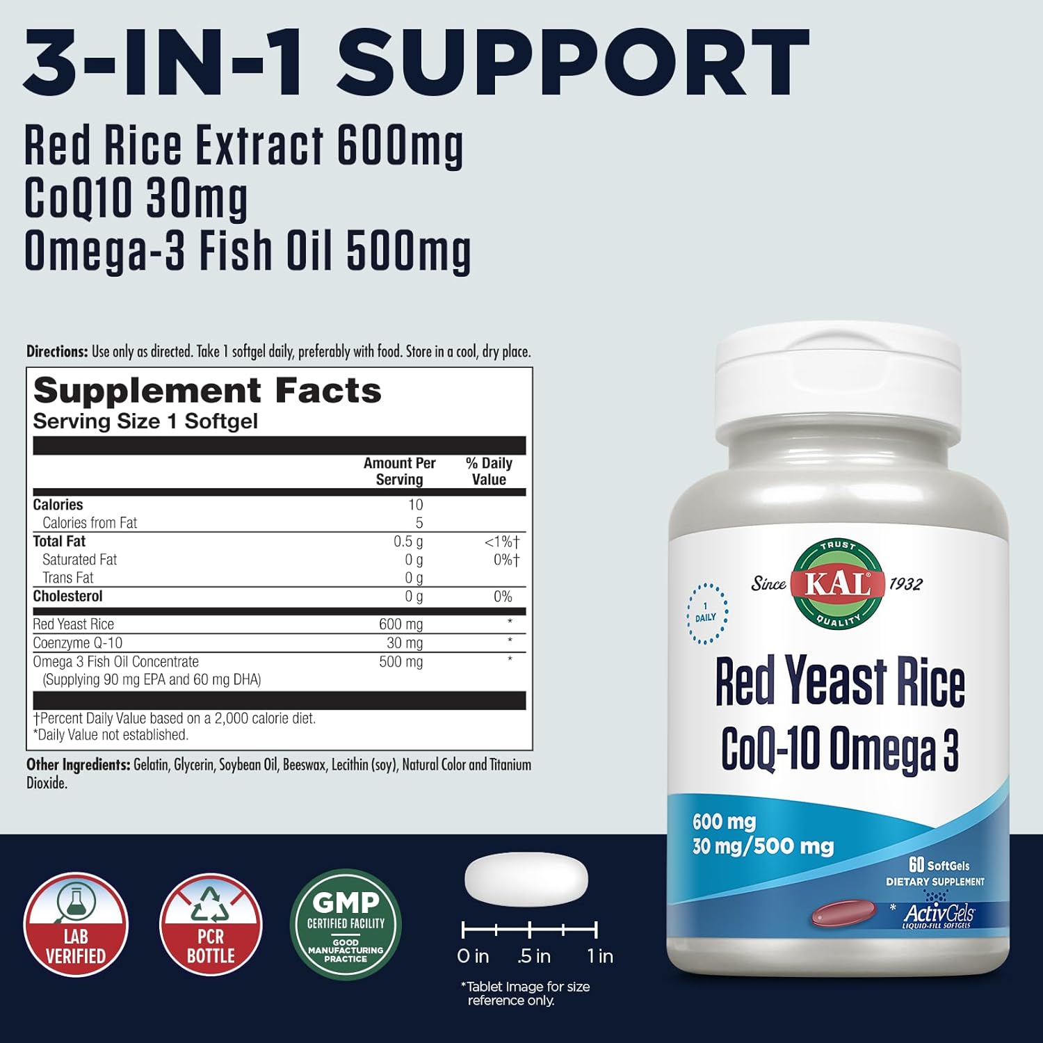 60 Count KAL Red Yeast Rice with COQ10 and Omega 3 Supplement