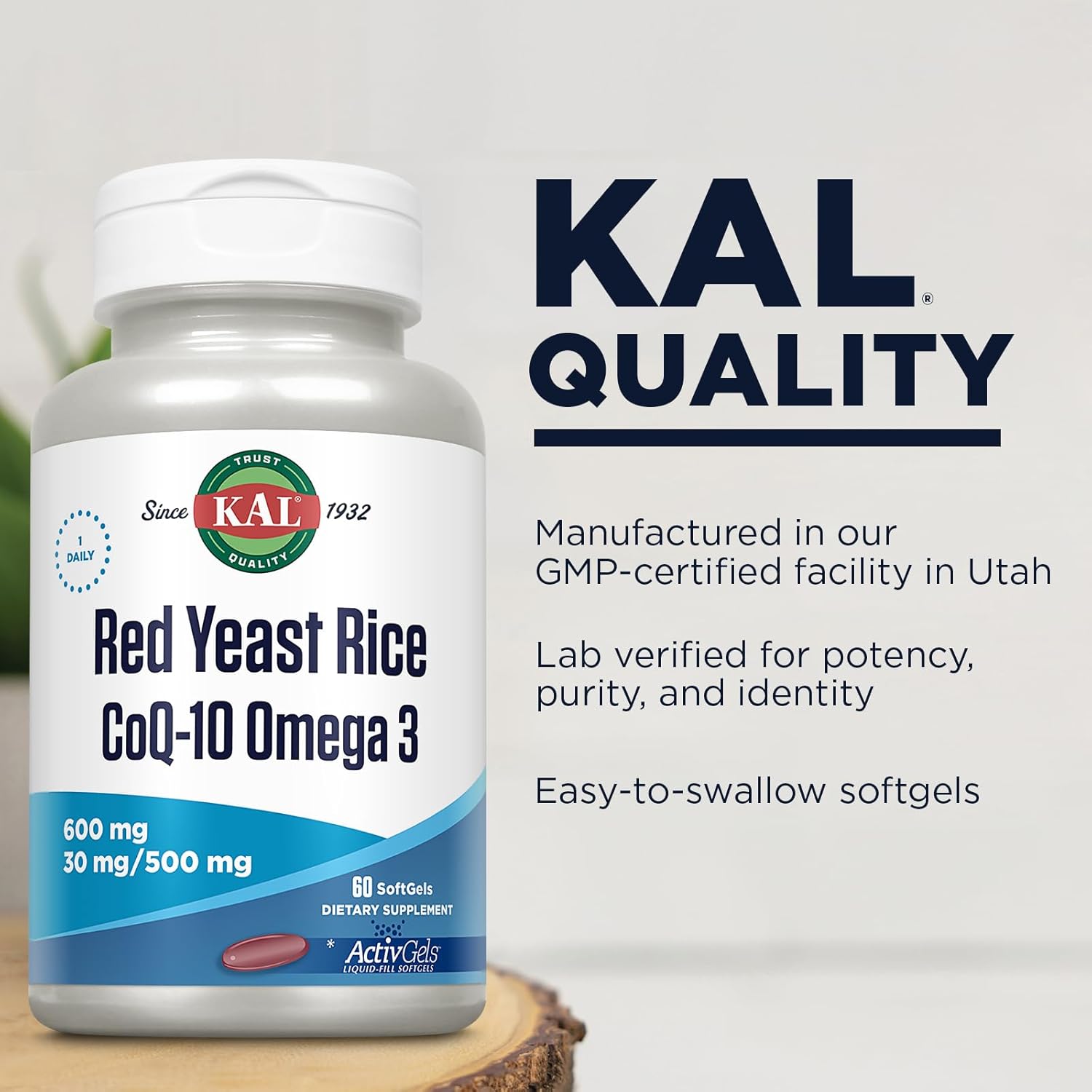60 Count KAL Red Yeast Rice with COQ10 and Omega 3 Supplement