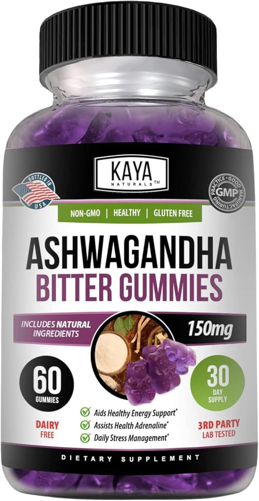 60 Count Kaya Naturals Ashwagandha Bitter Gummies for Natural Stress Relief, Energy & Clarity - Non-GMO, Gluten-Free Chewables