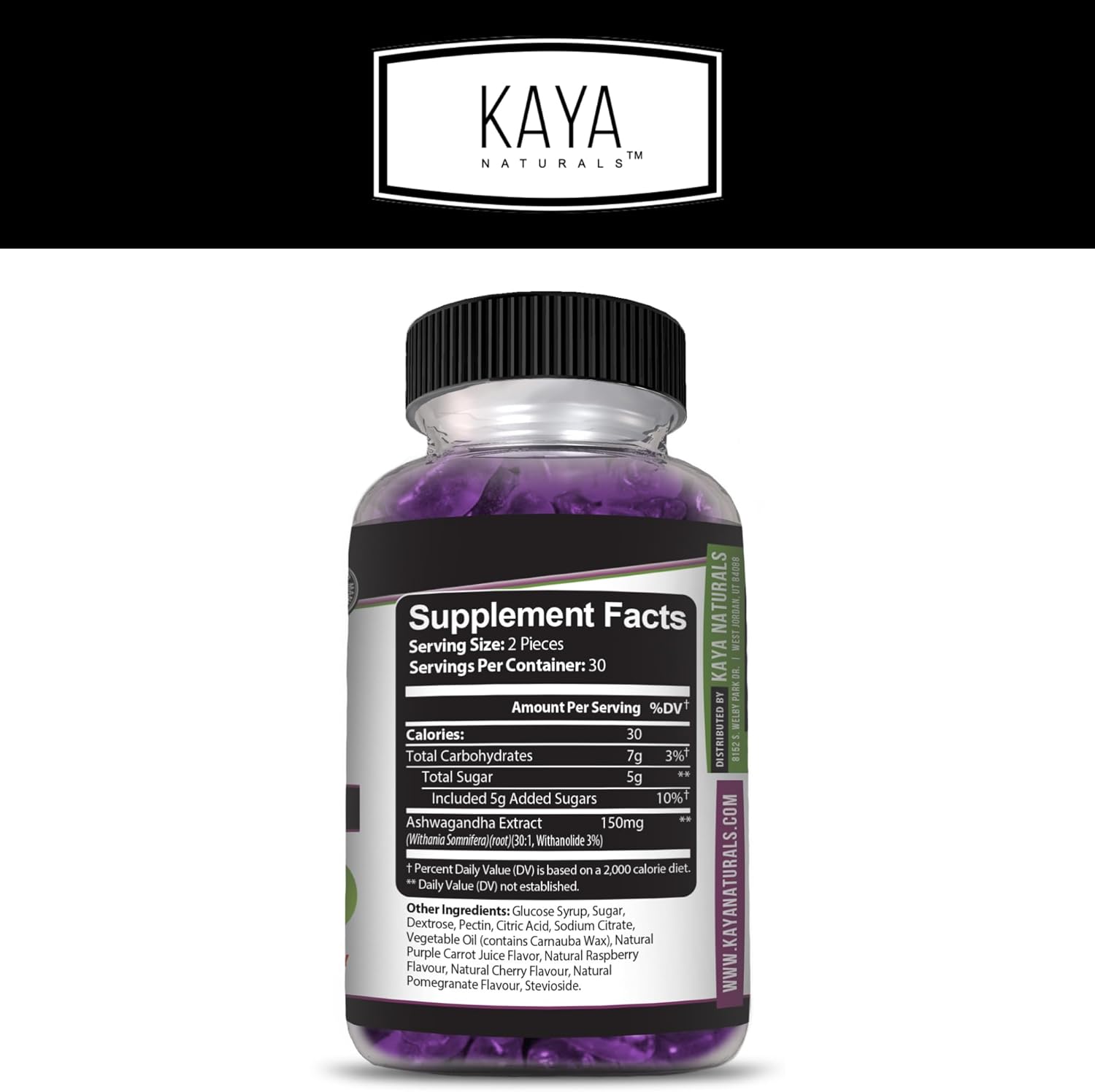 60 Count Kaya Naturals Ashwagandha Bitter Gummies for Natural Stress Relief, Energy & Clarity - Non-GMO, Gluten-Free Chewables