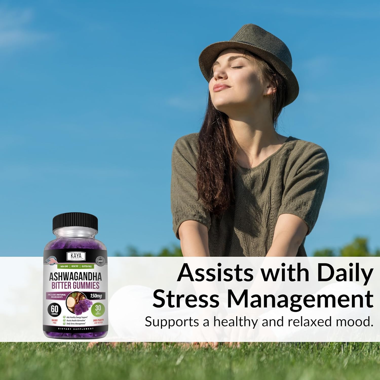 60 Count Kaya Naturals Ashwagandha Bitter Gummies for Natural Stress Relief, Energy & Clarity - Non-GMO, Gluten-Free Chewables