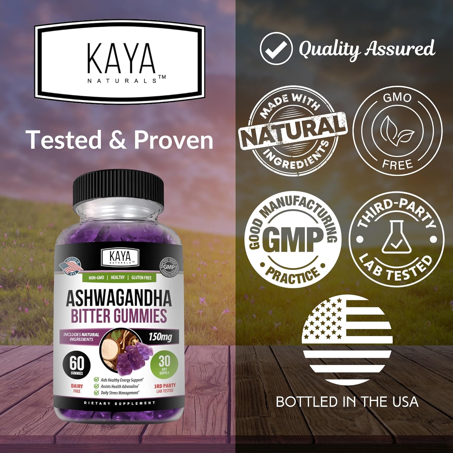 60 Count Kaya Naturals Ashwagandha Bitter Gummies for Natural Stress Relief, Energy & Clarity - Non-GMO, Gluten-Free Chewables