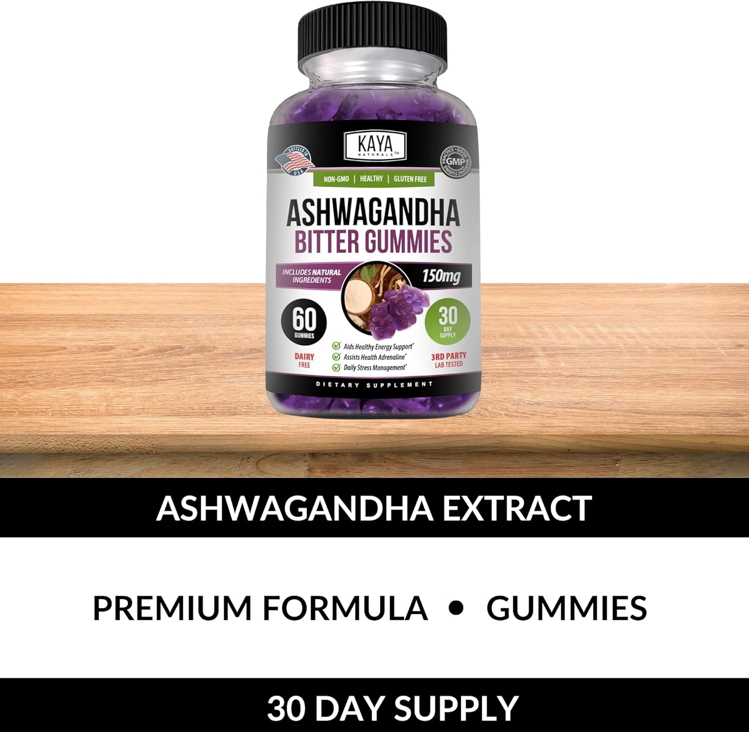 60 Count Kaya Naturals Ashwagandha Bitter Gummies for Natural Stress Relief, Energy & Clarity - Non-GMO, Gluten-Free Chewables