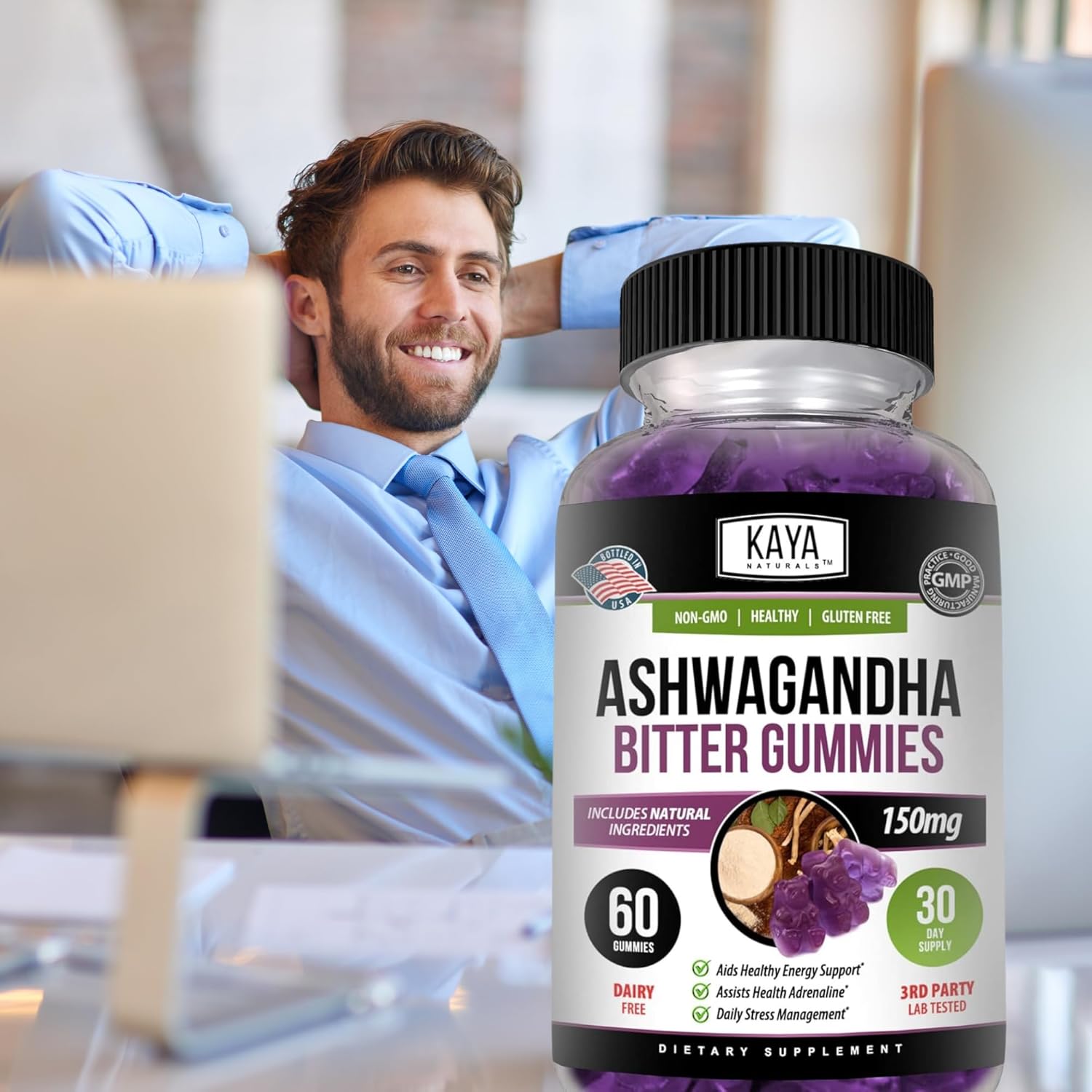 60 Count Kaya Naturals Ashwagandha Bitter Gummies for Natural Stress Relief, Energy & Clarity - Non-GMO, Gluten-Free Chewables