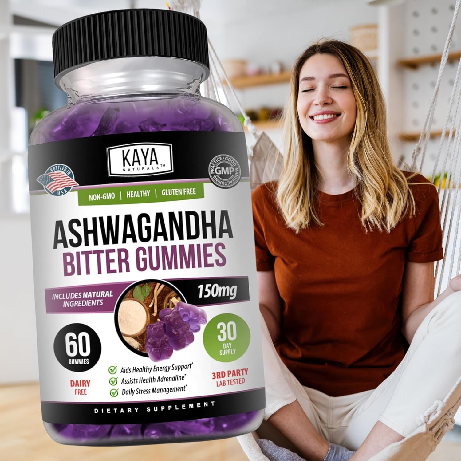 60 Count Kaya Naturals Ashwagandha Bitter Gummies for Natural Stress Relief, Energy & Clarity - Non-GMO, Gluten-Free Chewables