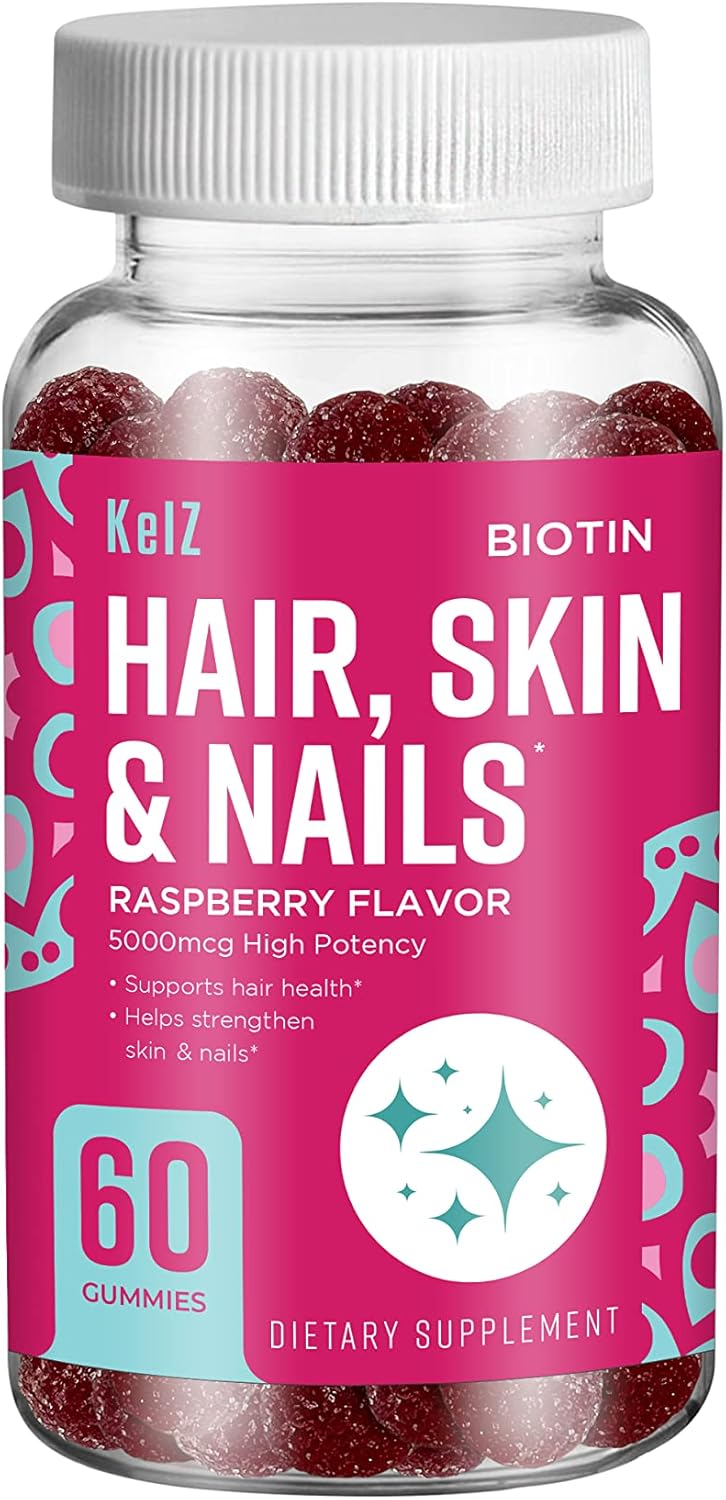 60 Count KelZ Biotin Gummies for Hair, Skin & Nails - Raspberry Flavor
