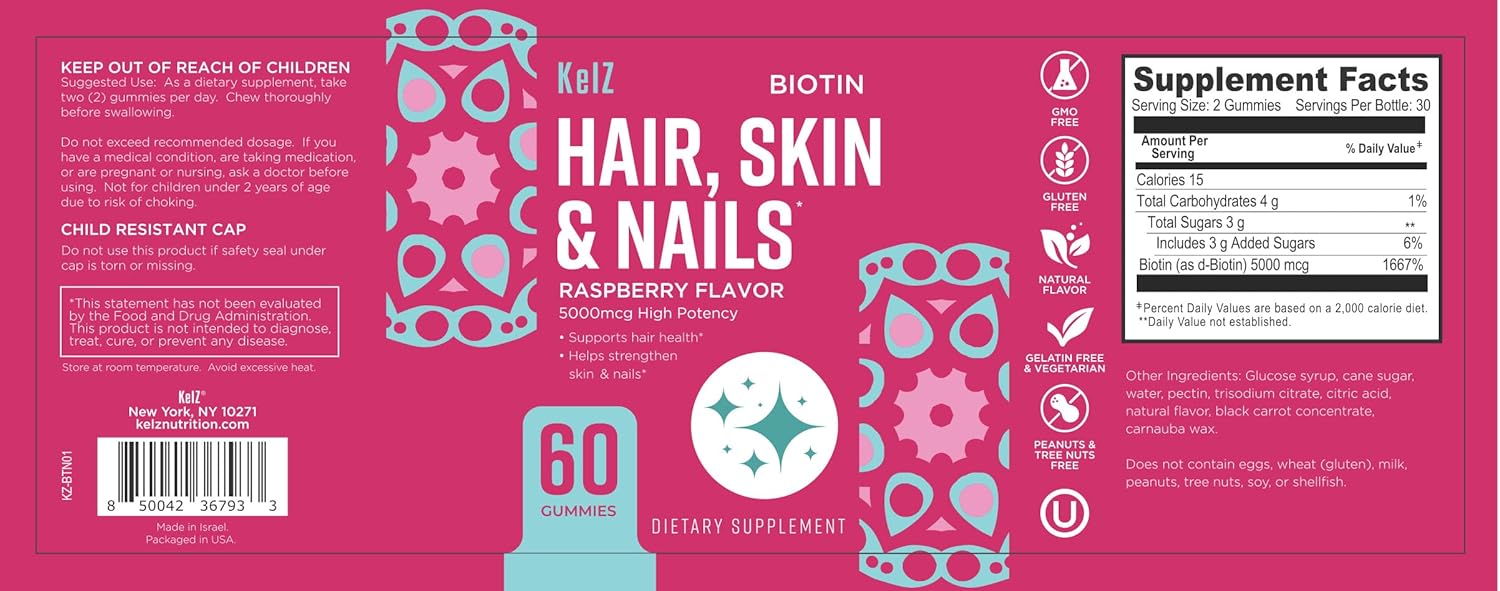 60 Count KelZ Biotin Gummies for Hair, Skin & Nails - Raspberry Flavor